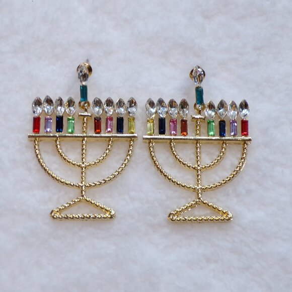 Hanukkah Gold Menorah Multicolor Rhinestone Earrings - Picture 3 of 6